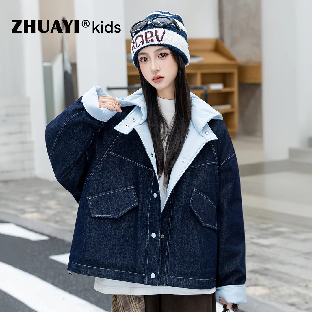 女大童牛仔外套秋冬款棉服夹棉加厚保暖连帽洋气上衣（25402309）1
