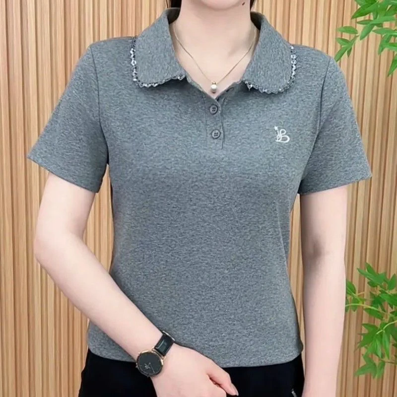 2025夏季新款时尚洋气花边翻领POLO衫刺绣t恤百搭遮肚子气质上衣