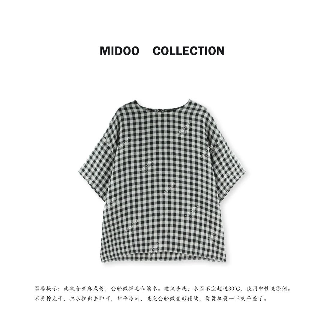 MIDOO ‘拾格记’100亚麻复古格子宽松五分袖上衣