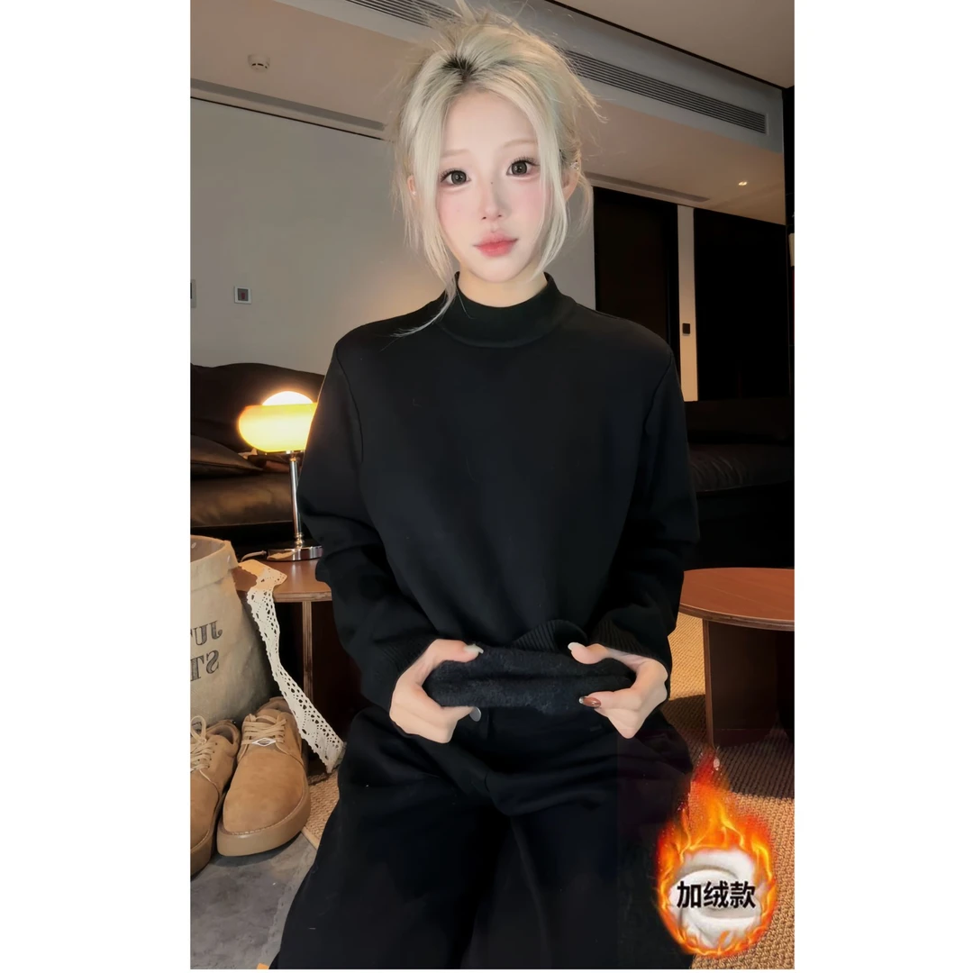 韩系慵懒风半高领简约cleanfit长袖针织毛衣加绒保暖内搭打底衫