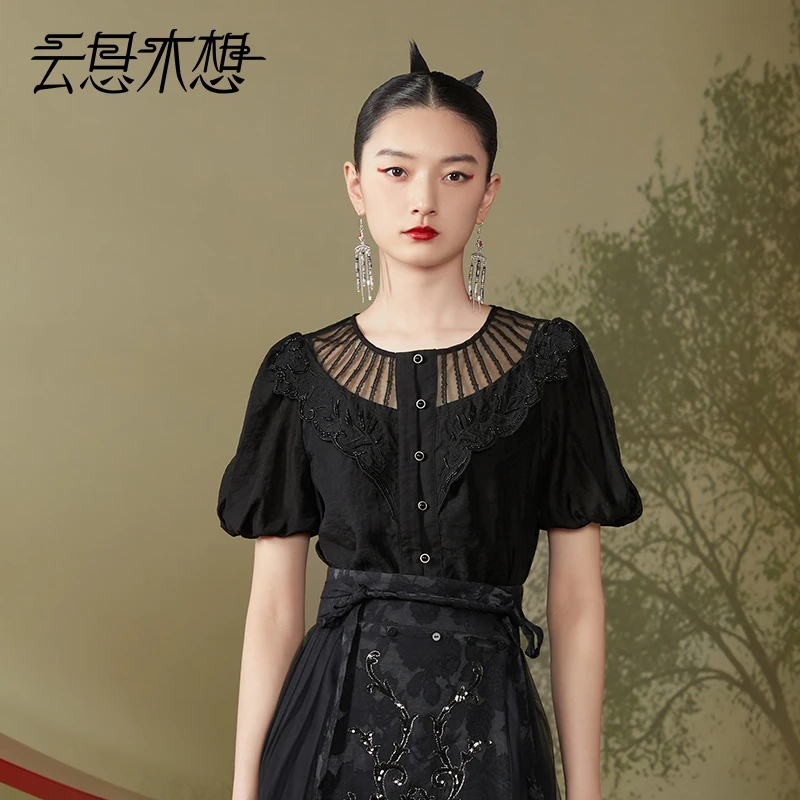 Ysimo-X云思木想新中式2024夏季新款设计感竹雅闺阁绣花衬衫11835