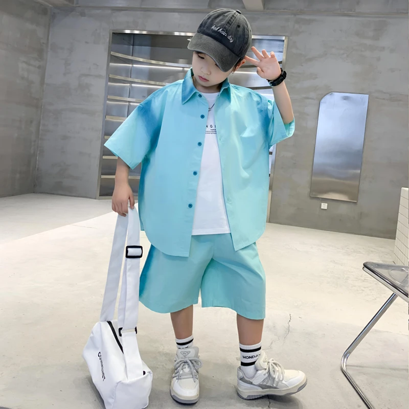 男童夏季多巴胺衬衫套装2025新款夏装短袖中大童男孩夏款两件套潮