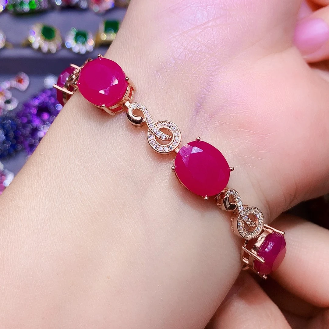 银S925镶嵌手链红宝石M**花