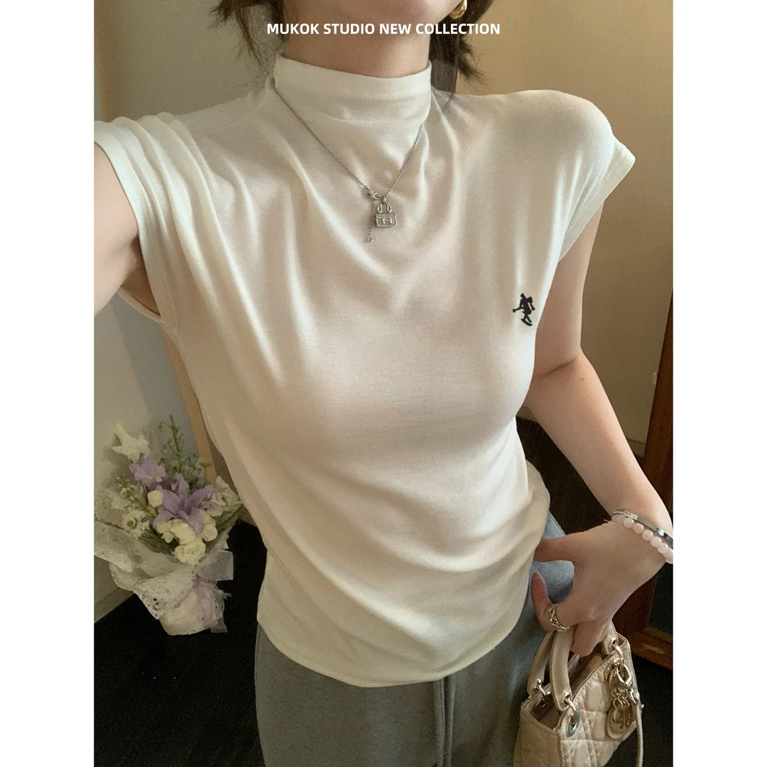 MUKOK显瘦小t~小半高领短袖百搭上衣白色天丝正肩T恤女2025新款