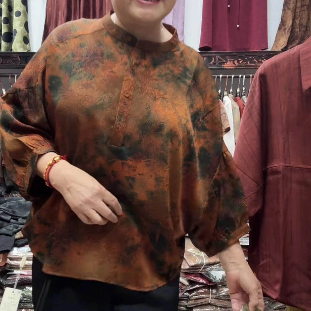 夏季宽松大码真丝女衬衫花色斜襟印花小衫真丝时尚中年T恤上衣