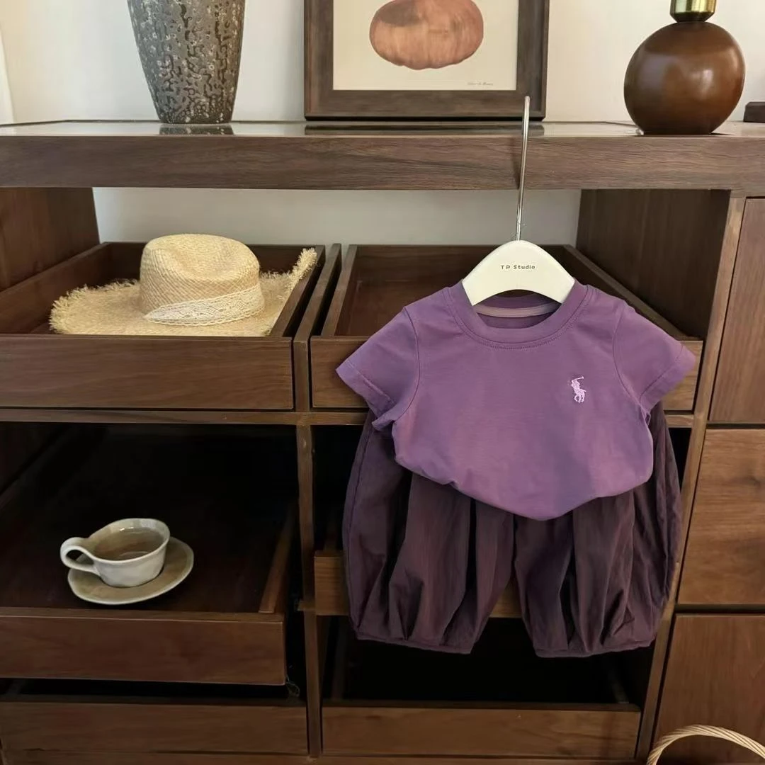 2025童装男女童夏季紫色灯笼裤小童新款洋气短袖宝宝刺绣T恤套装