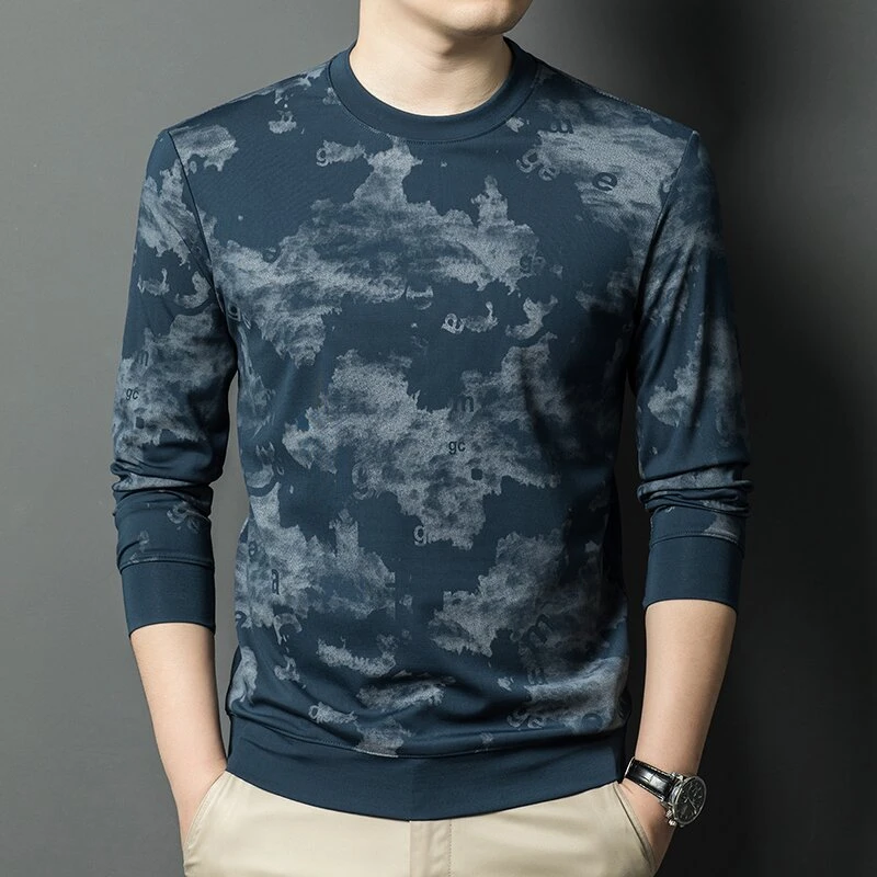 圆领薄款长袖印花标准卫衣潮流上衣春秋季时尚迷彩宽松百搭男装