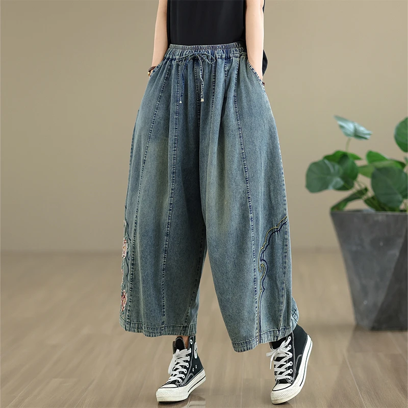 夏季新款刺绣牛仔阔腿裤女松紧腰百搭宽松显瘦复古水洗绣花九分裤