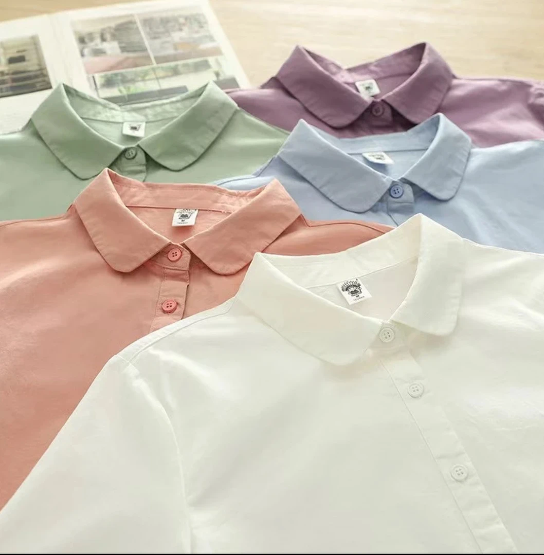 纯色春秋新款衬衫女长袖上衣时尚休闲打底简约百搭白色娃娃领衬衣