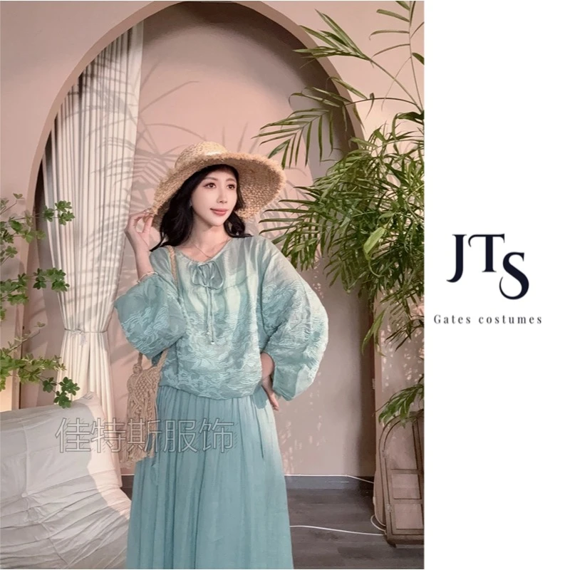 A1109#春夏新品领口系带苎麻半身满绣宽松纯色百搭水滴袖宽松小衫