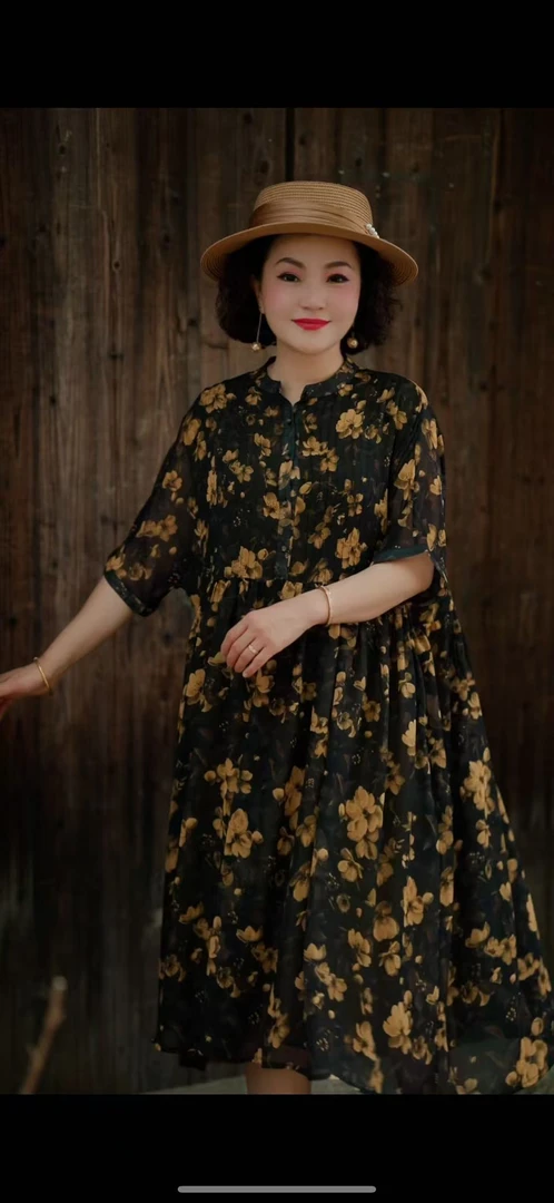 【520活动】夏季新款黑金碎花连衣裙气质减龄高级感中长裙大码女