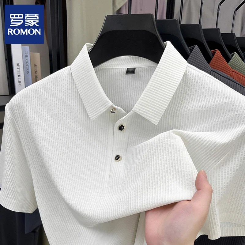 Romon/罗蒙翻领短袖T恤男士夏季薄款冰丝透气POLO衫半袖爸爸男装