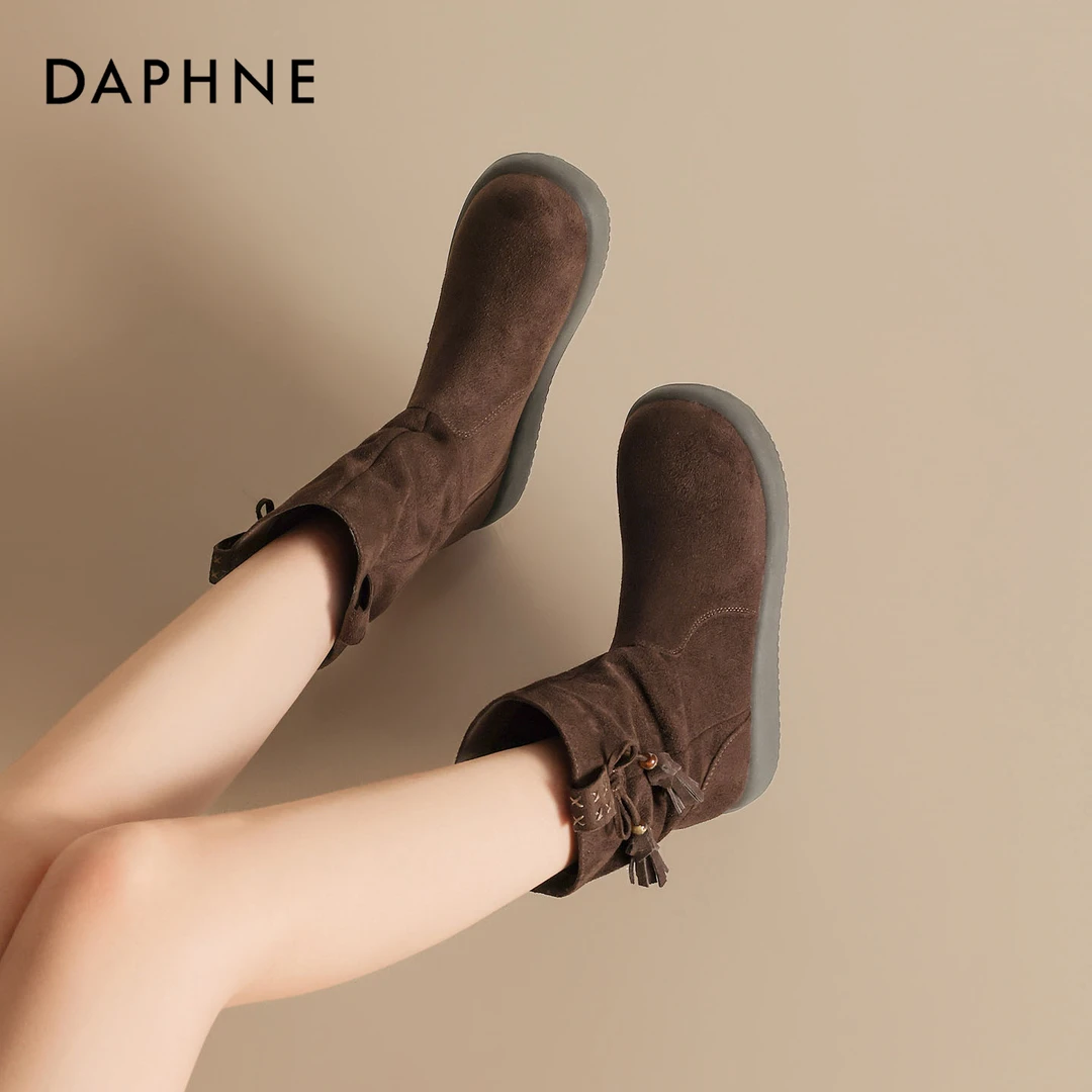 达芙妮咖色流苏短靴女2025秋季新款超火绒面西部堆堆靴厚底马丁靴