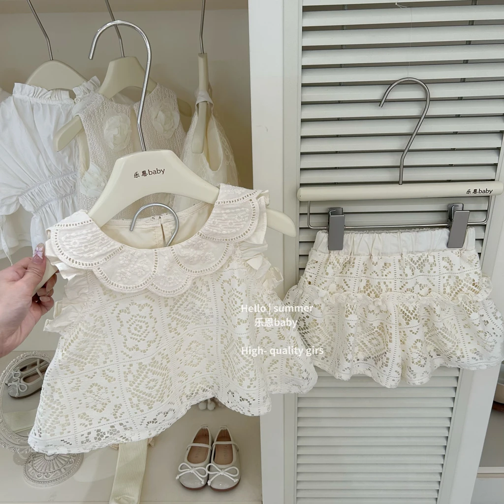 现【乐恩baby】女童夏洋气套装蕾丝镂空背心花边短裤时髦可爱两件套
