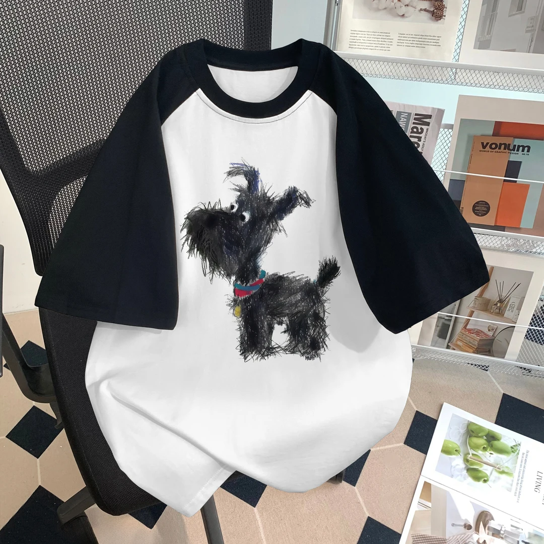 夏季2025新款男女童插肩短袖t恤线条小狗印花中大童ins上衣#V7582