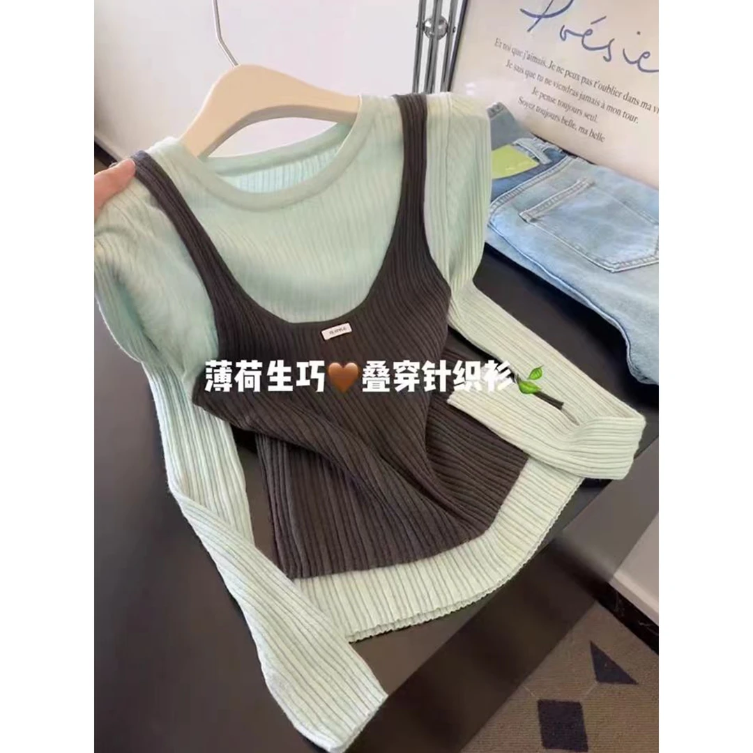 韩系辣妹假两件叠穿针织衫女装秋季新款设计感小众内搭打底衫上衣