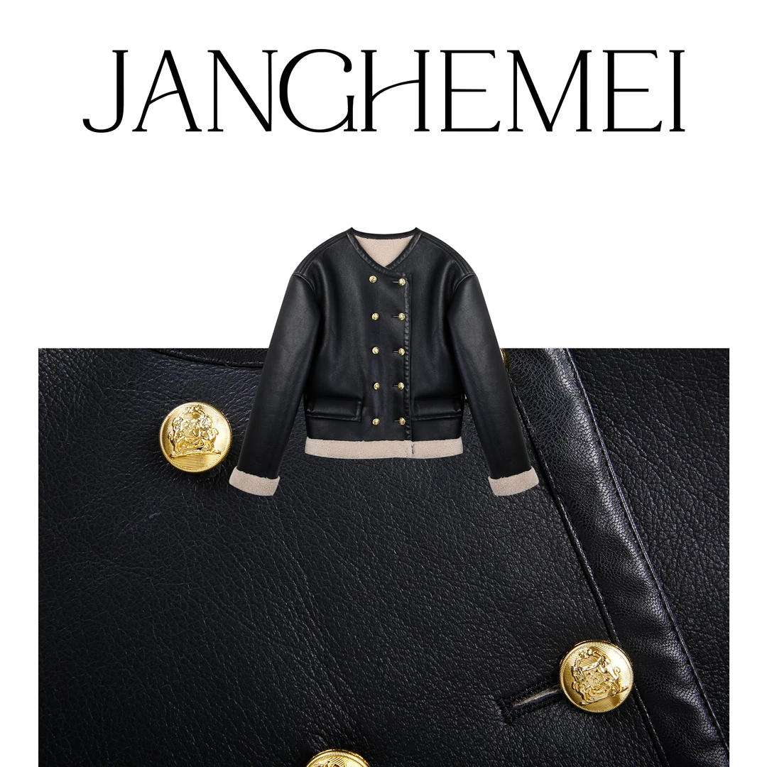 JANGHEMEI【皮毛加厚短外套】机车夹克皮衣上衣女外套 P11359M34