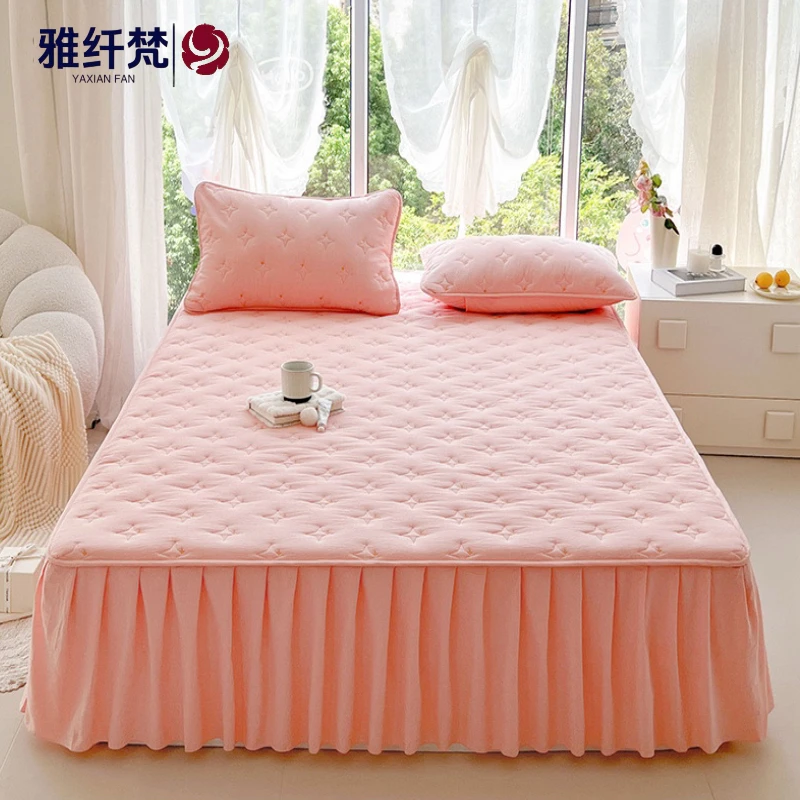 100纯棉全棉夹棉床裙单件四季加厚床罩三件套床垫保护罩防尘床套