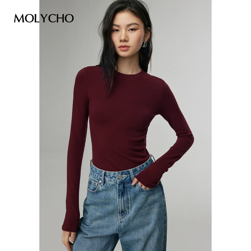 MOLYCHO早春简约内搭长袖T恤女春季深灰色打底衫修身显瘦正肩上衣