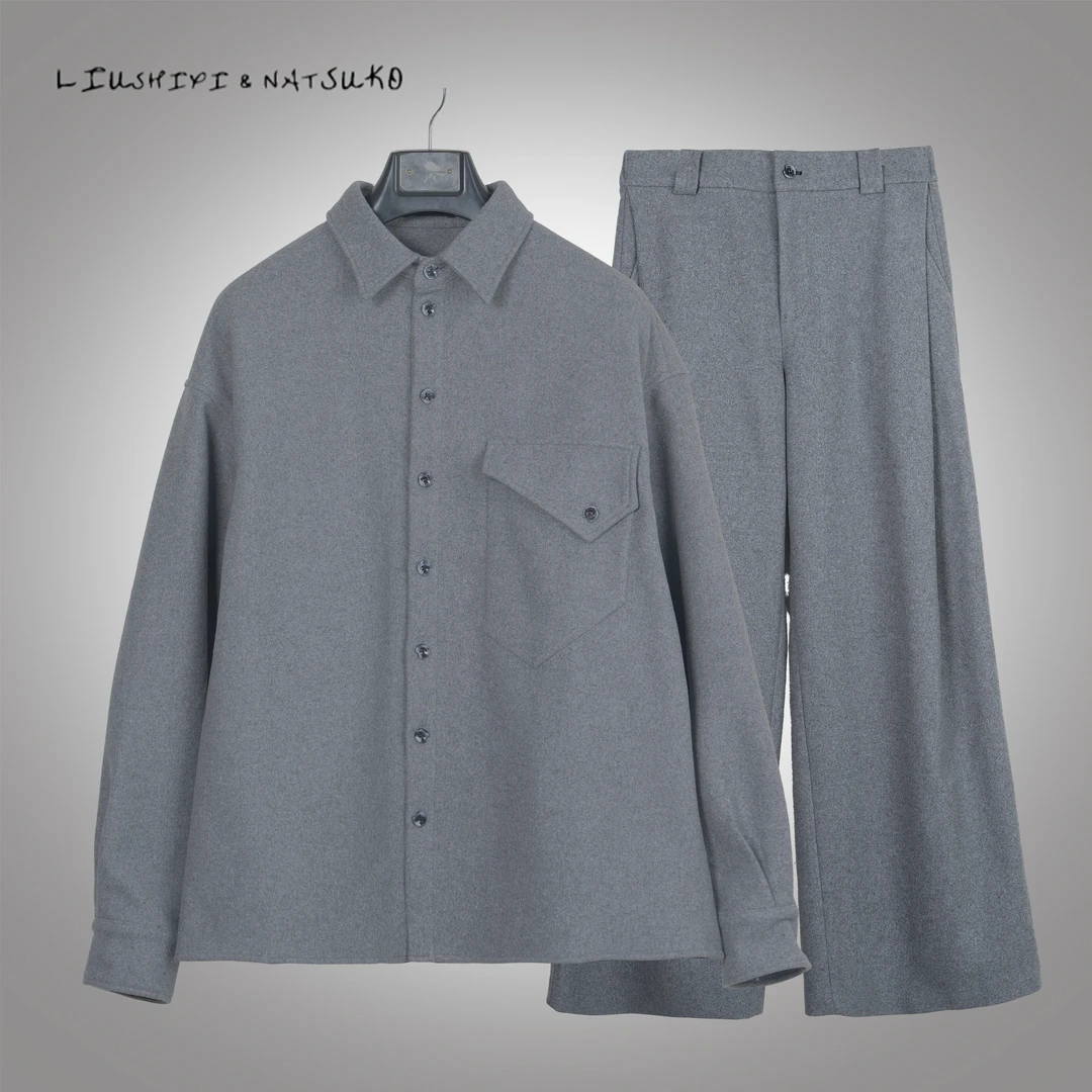 LIUSHIXI&NATSUKO小众设计款休闲时尚休闲男士灰色套装