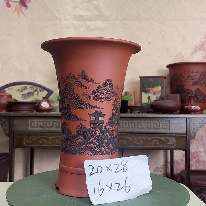 花盆紫砂刻绘山水