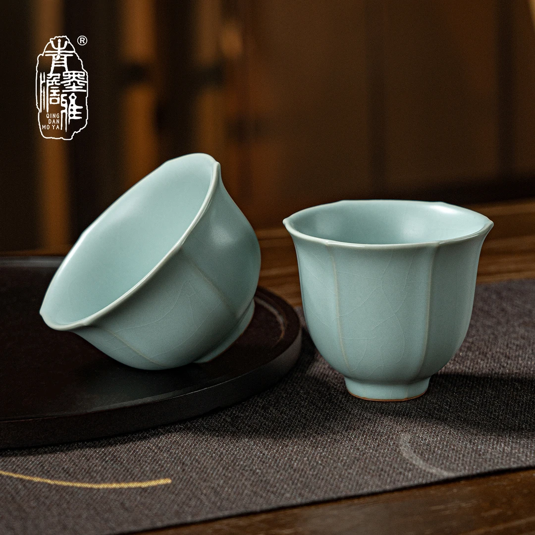 青澹墨雅汝窑茶杯对杯复古青瓷景德镇陶瓷功夫茶茶具玉润玉洁对杯