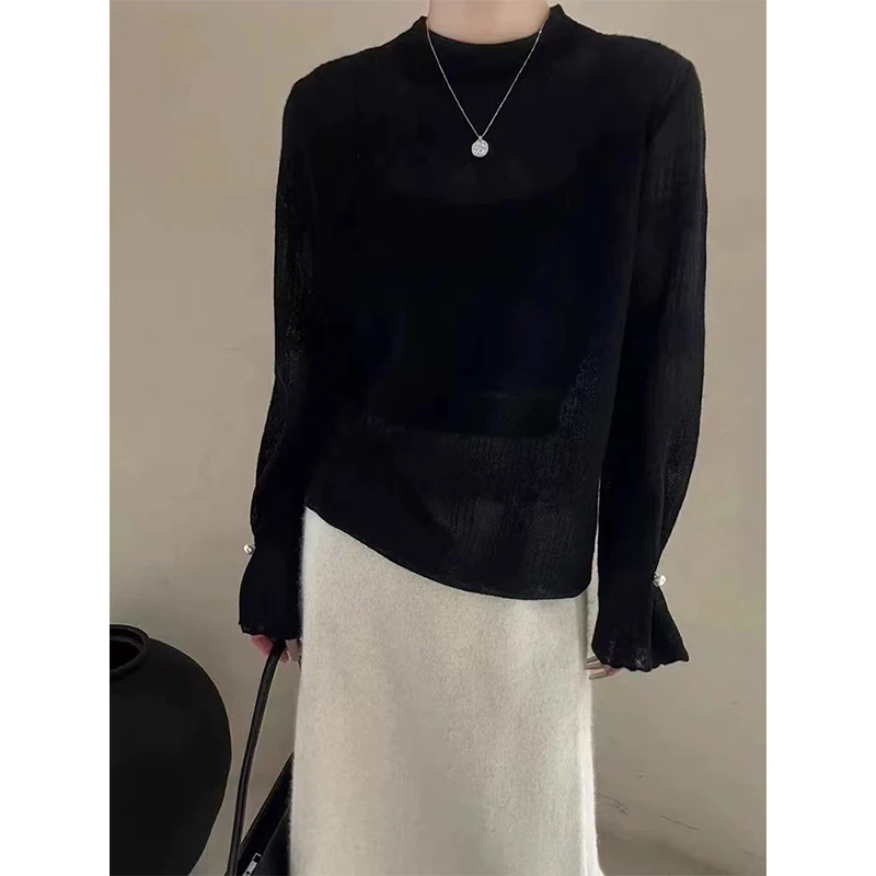 【来自星星的你】秋冬时尚休闲宽松蕾丝半高领镂空长袖针织衫-689