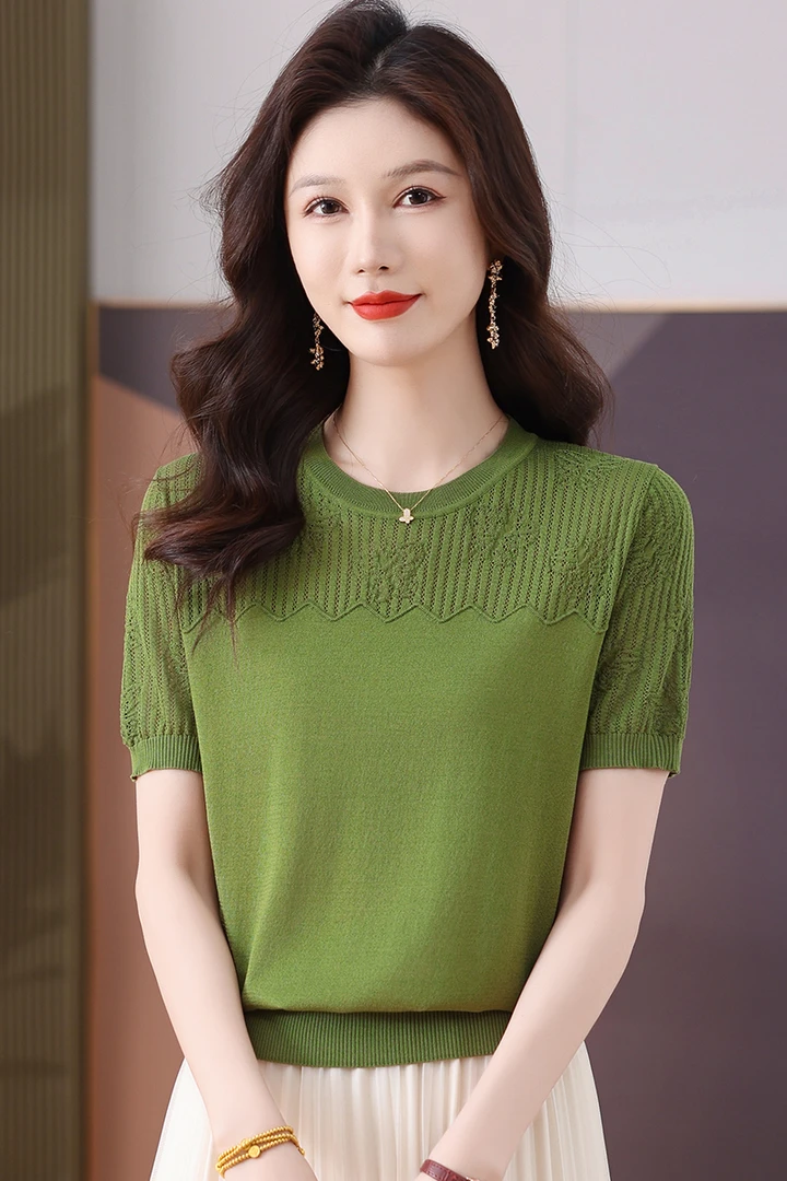 【天丝】夏季新款女士圆领短息T恤洋气宽松显瘦针织薄款镂空妈妈装