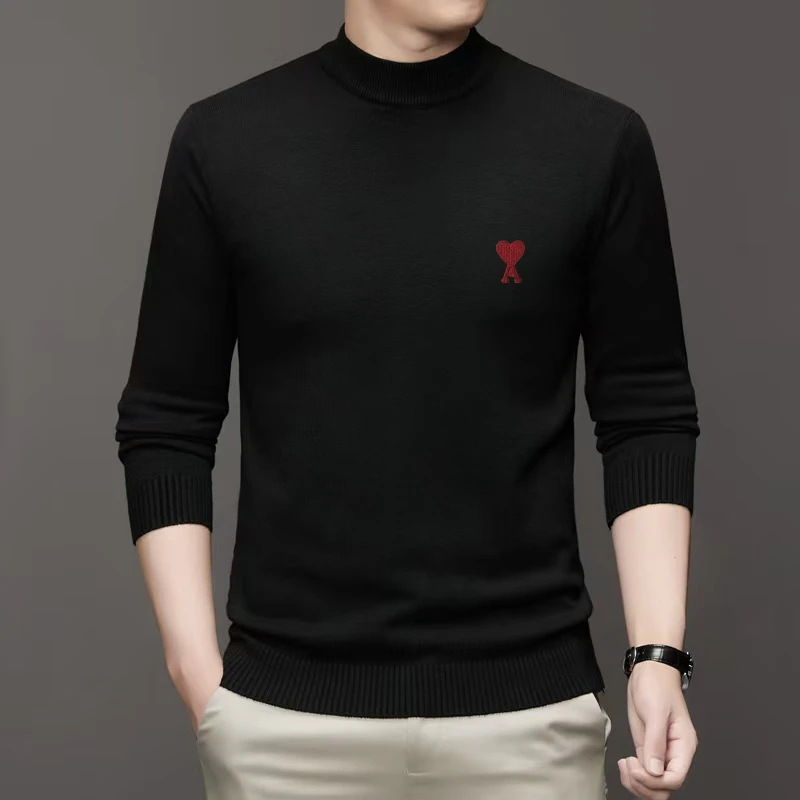 男士半高圆领纯色绣花长袖羊毛毛衣男百搭秋冬季时尚针织衫