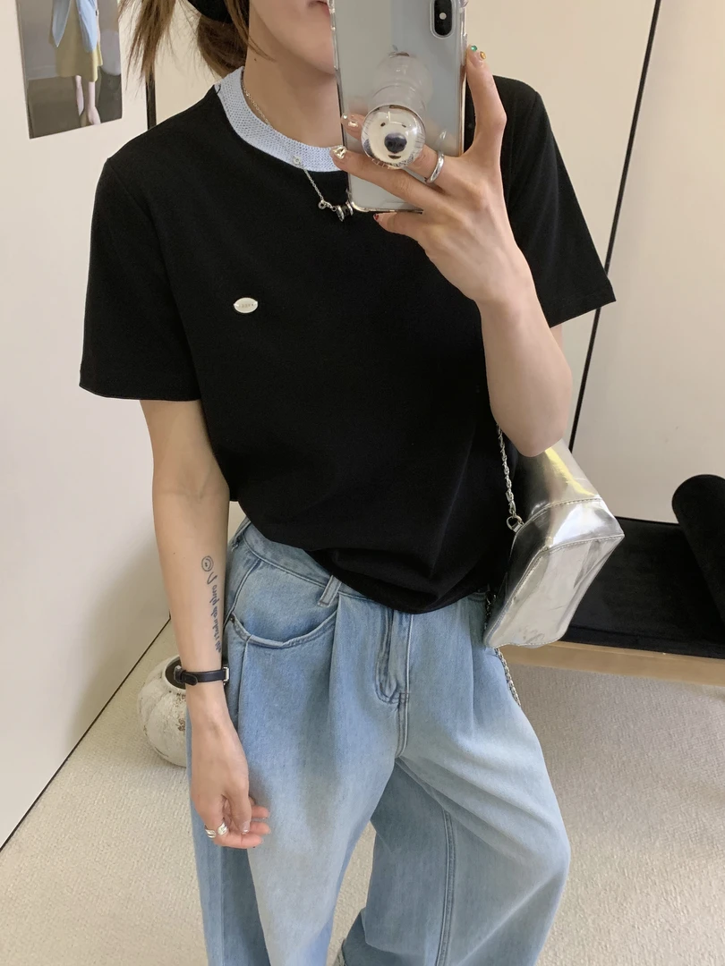 程程甄选 韩系撞色领口设计感简约百搭显瘦T恤747