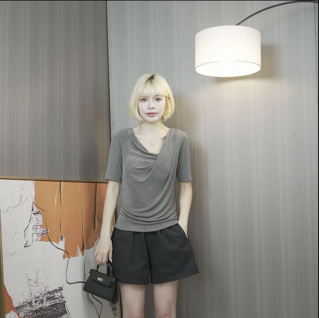 575常规款荡领宽松型短袖休闲风短款T恤轻职风V领