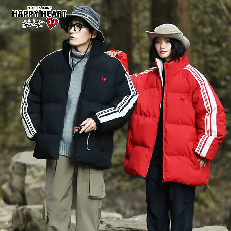 查尔斯桃心 棉服条纹男女同款宽松百搭简约情侣款保暖小爱心棉服