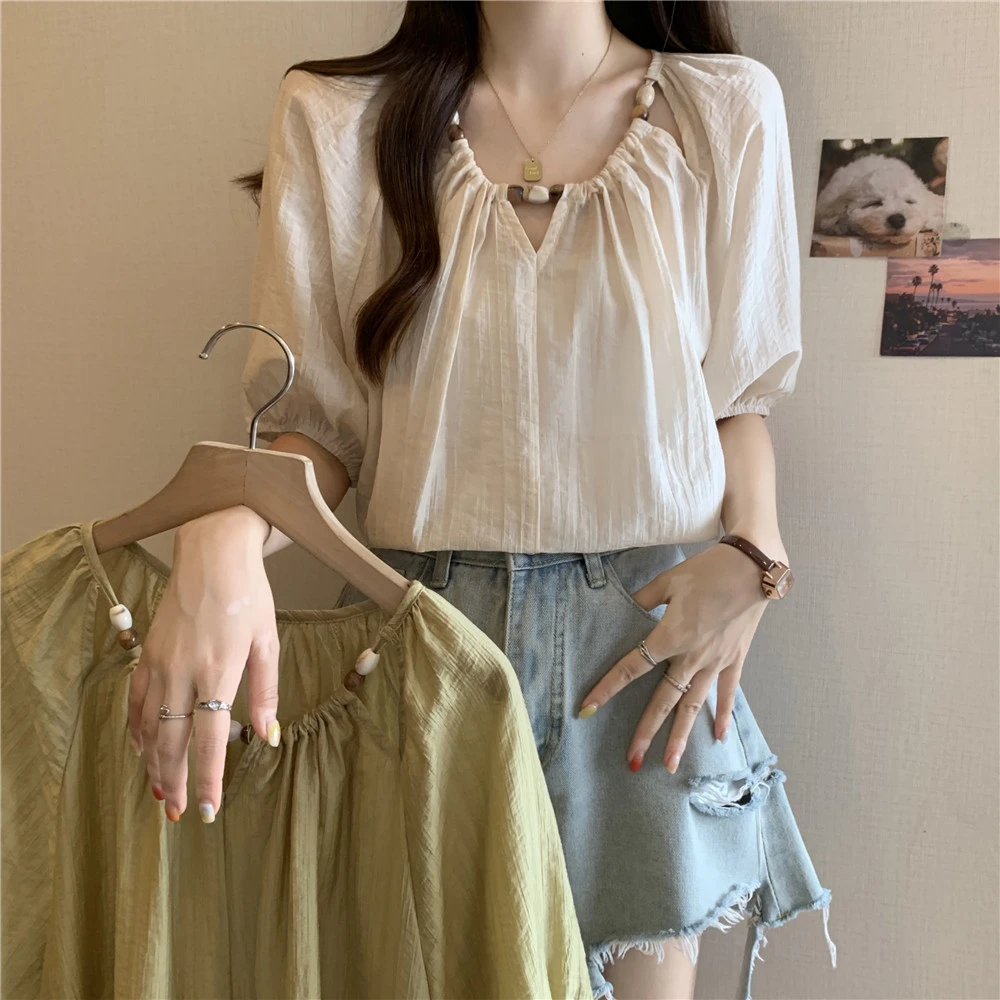 大码法式短袖衬衫女2025新款夏季胖MM宽松显瘦小衫休闲雪纺上衣