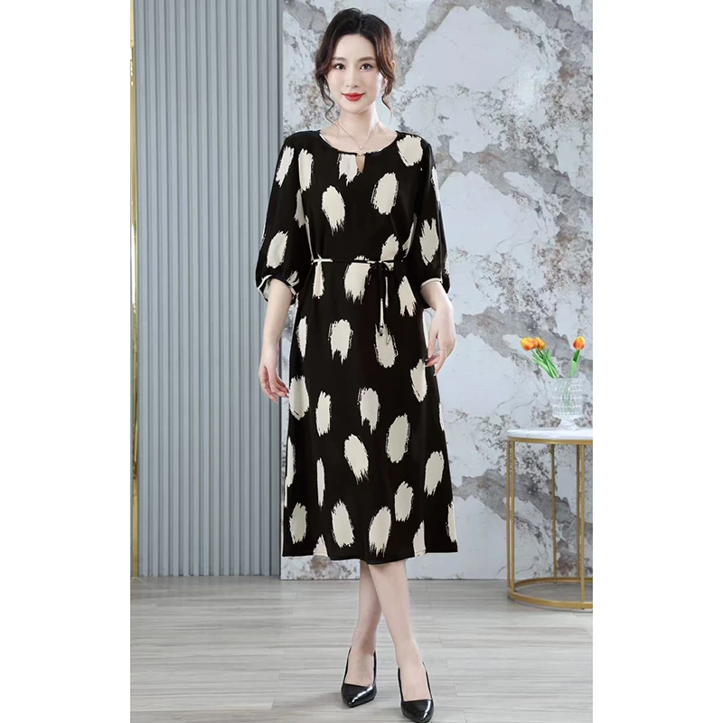 【厂家直销】中长袖遮肚大码连衣裙收腰印花裙碎花显瘦气质夏季