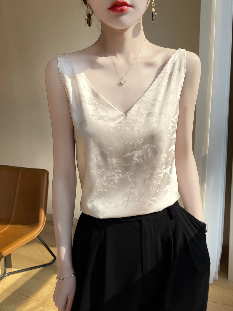 女士夏季缎面丝滑国风提花新国风小马外穿百搭打底双肩带吊带背心