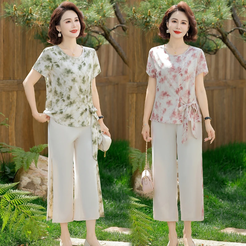 母亲节夏季新款套装两件套2025洋气时尚夏装宽松碎花上衣50-60
