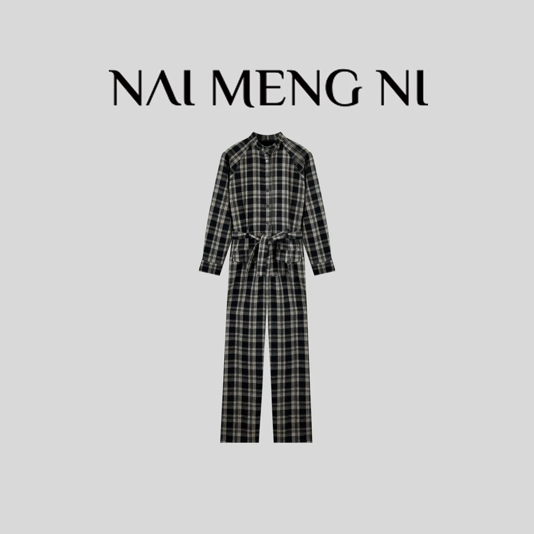 NMN王火火&设计师新款时尚立领落肩长袖格子连体裤 25HH3255