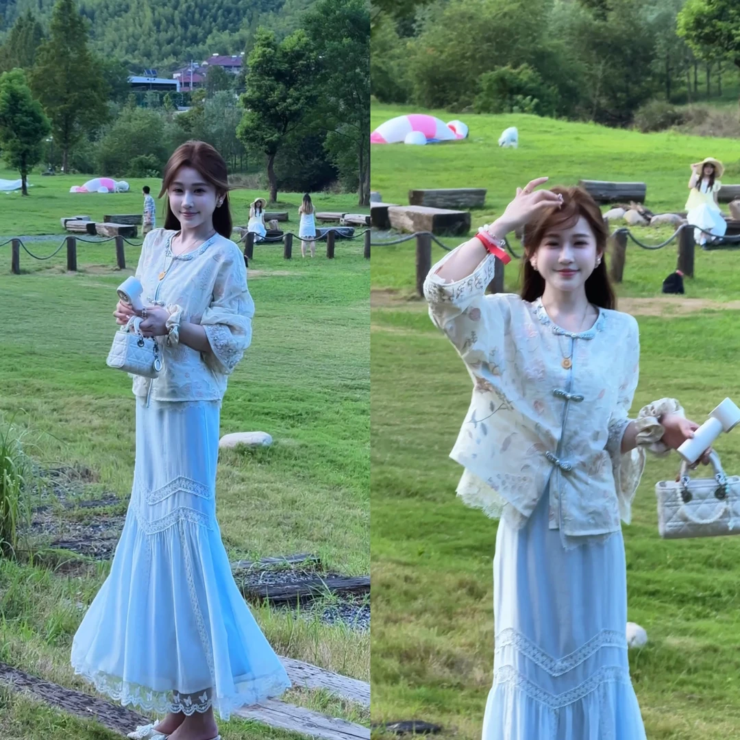 【婷婷】《杏花微雨》人棉天 丝刺绣 浅蓝蕾丝裙套装 TT2SQTY2020