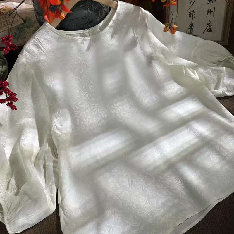 夏季新款新中式国风圆领宽松花枝提花套头衬衫上衣