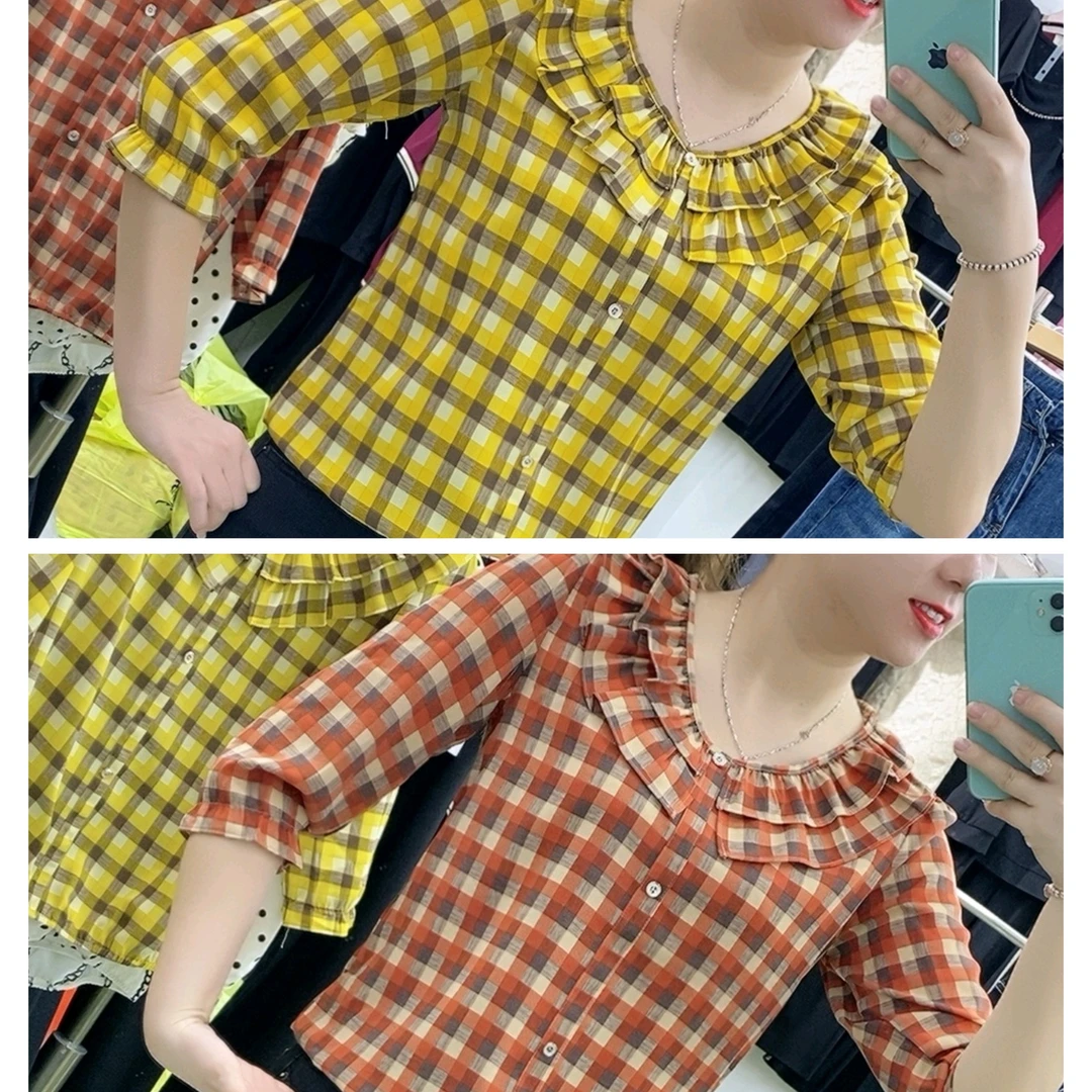 【十姐妹推荐】秋季新款娃娃领格子衬衫女时尚复古减龄宽松百搭上衣