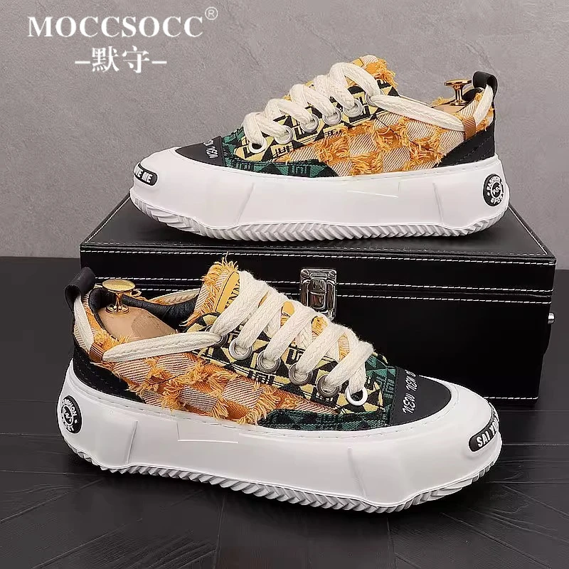 MOCCSOCC板鞋男夏季透气潮流帆布鞋厚底增高鞋时尚拼色休闲运动鞋