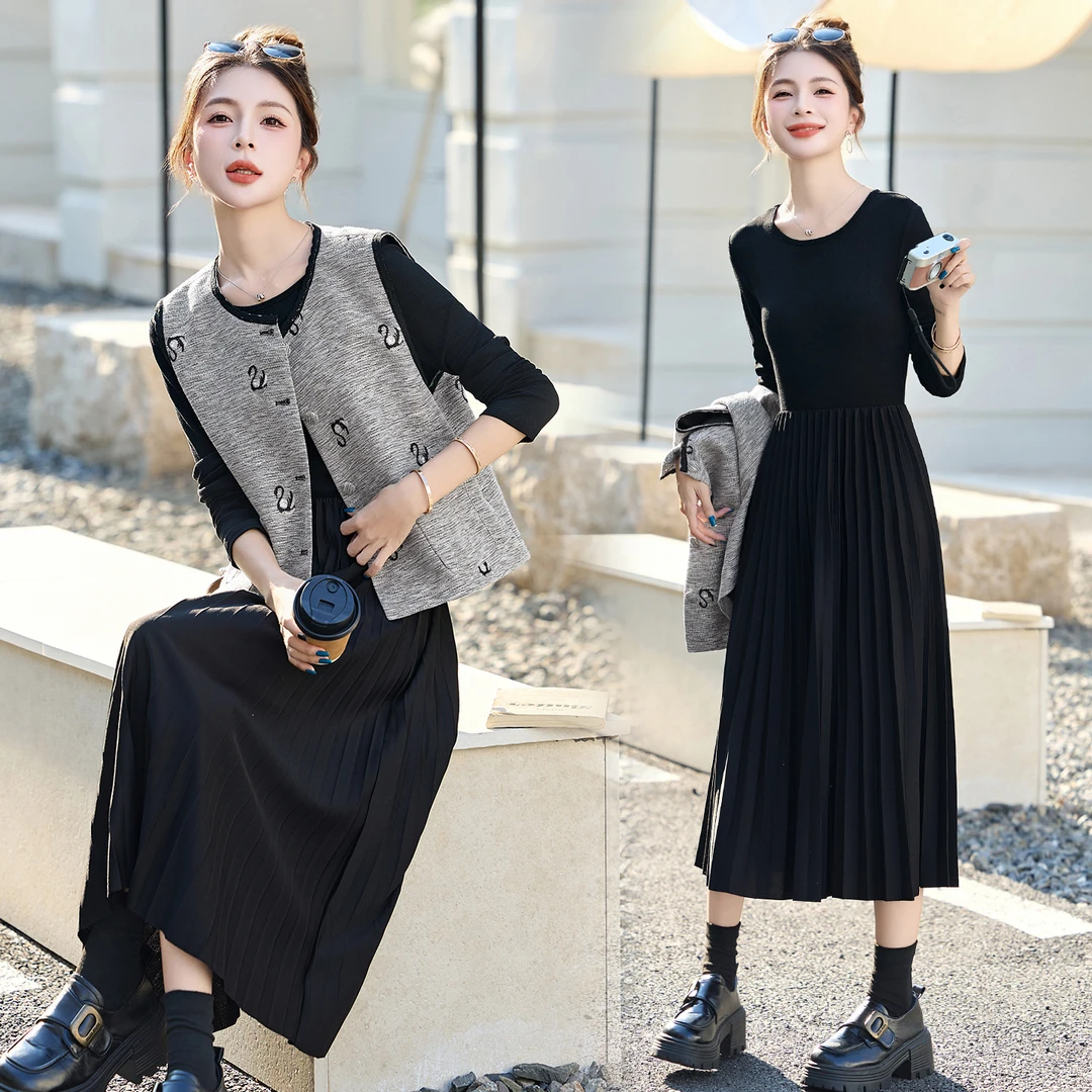 休闲风马甲连衣裙时尚2025两件套装两件套长袖气质显瘦洋气小香风