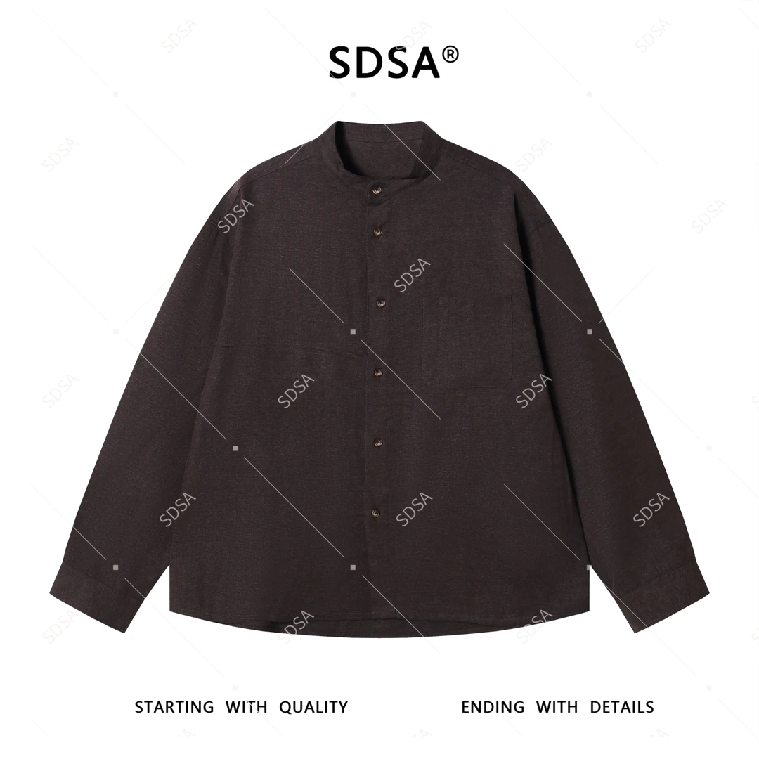 SDSA男士秋冬新款轻奢痞帅男装纯色新中式圆领长袖衬衫简约复古