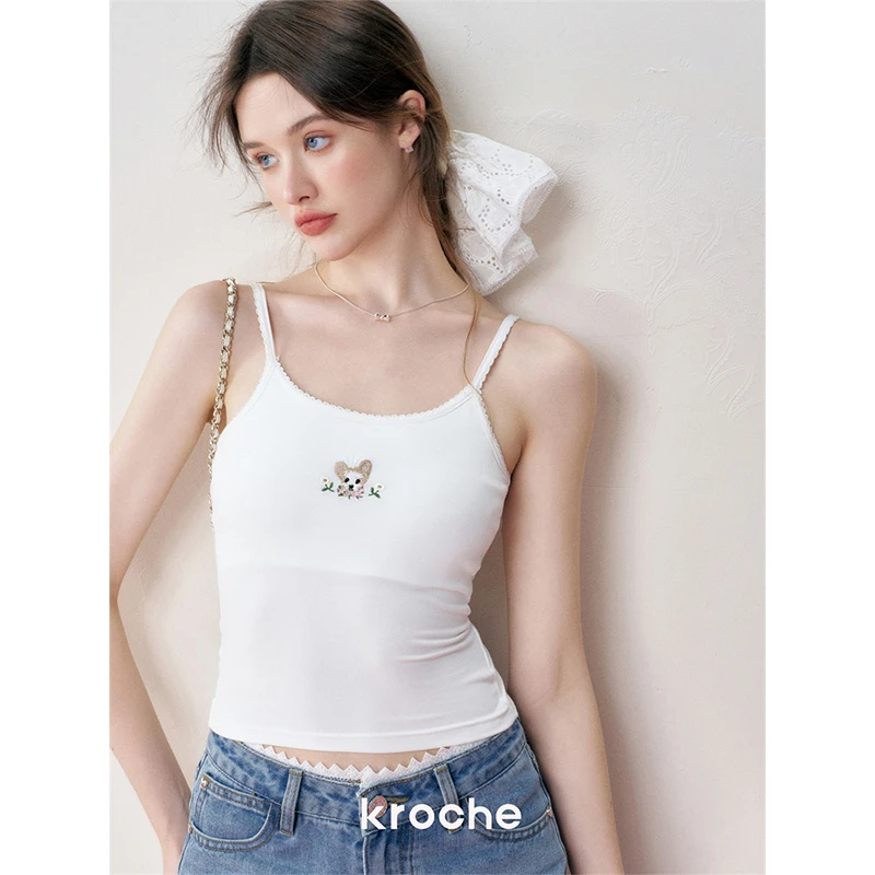 4171【金拐子专属】Kroche24ss 花边设计 手绘小狗刺绣自带胸垫吊带