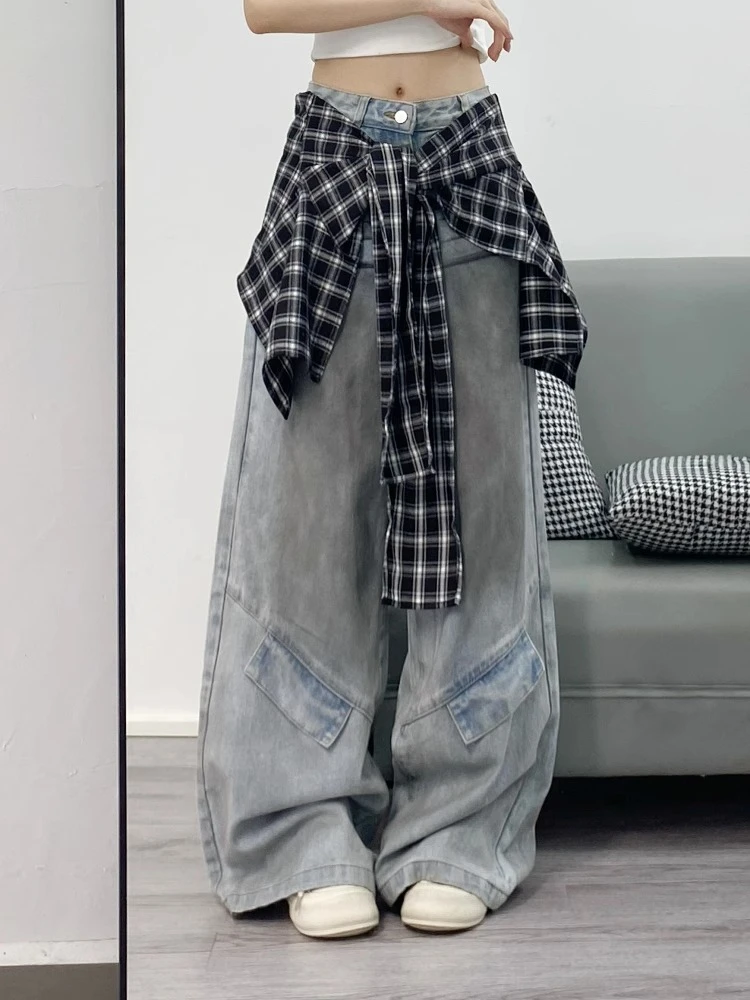 可拆卸屁帘拼接格纹假两件牛仔裤女春秋季设计感跳舞宽松阔腿裤子