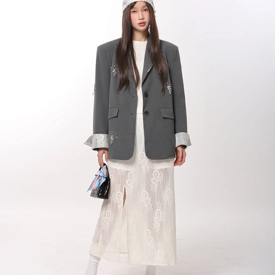 河岸家买手店设计师Mto Quinn镶钻休闲西装外套高开叉蕾丝裙25春