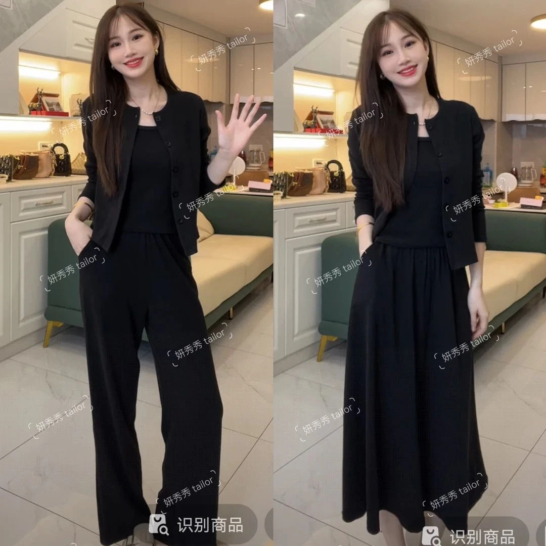 早秋新款套装裙女高级感韩系气质开衫吊带半裙酷飒风女装高级感
