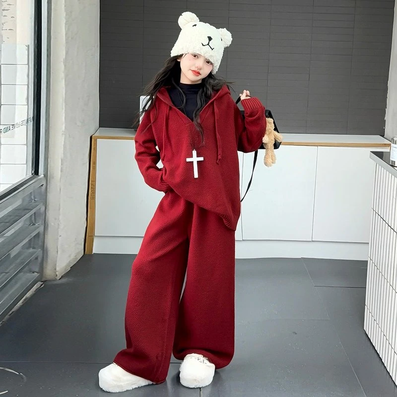 女童韩系新款慵懒风套装宽松连帽针织衫气质穿搭垂感阔腿裤潮套装