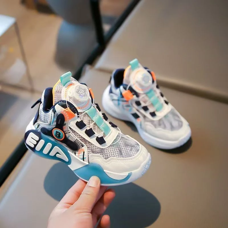 儿童运动鞋2023春秋新款男童单网运动篮球鞋软底跑步旋转纽扣鞋潮