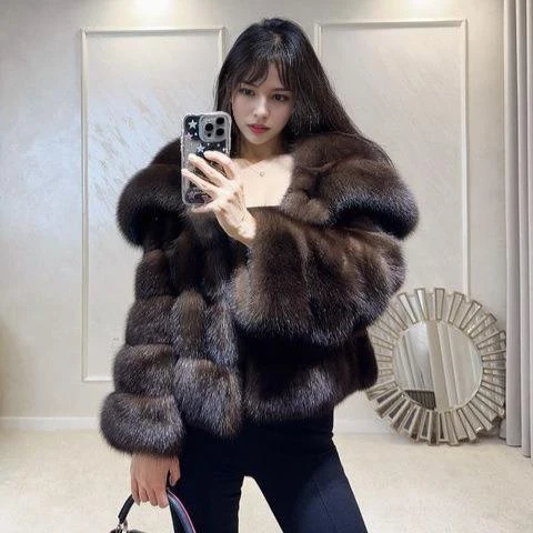 俄罗斯黑金农夫貂经典毛毛皮草外套女秋冬时尚新款大翻领大衣